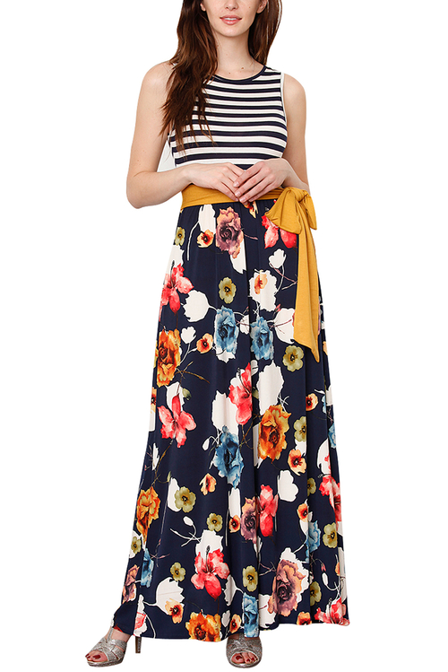 Navy Floral Scatter Striped Sleeveless Boho Dress