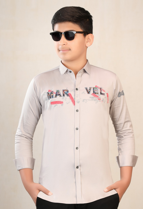 Boys Printed Cotton Casual Shirt (Color Beige) (Size 7 - 8 Years)