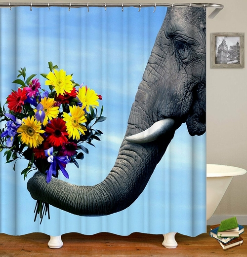 Elephant Holding Colorful Flowers Shower Curtain
