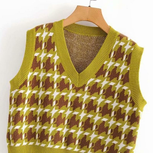 Casual sleeveless Plaid Pullover V-neck loose winter knitted sweater