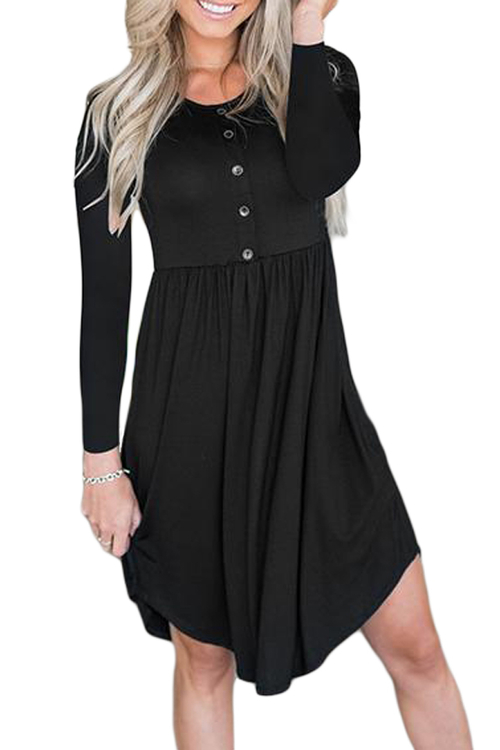 Black Long Sleeve Button Ruffled Irregular Hem Swing Dress