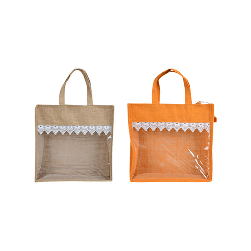 Combo of Brown  and Orange Color Transparent Window Jute Bags 