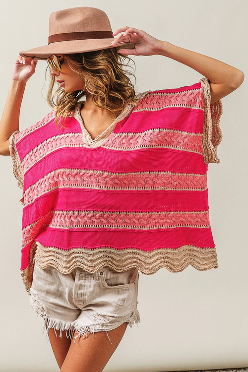 Multi Color Striped Bohemian Crochet Hoodie Top 