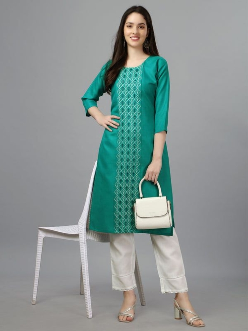 Women Embroidered Cotton Blend Casual Straight Kurti  (Size-38)