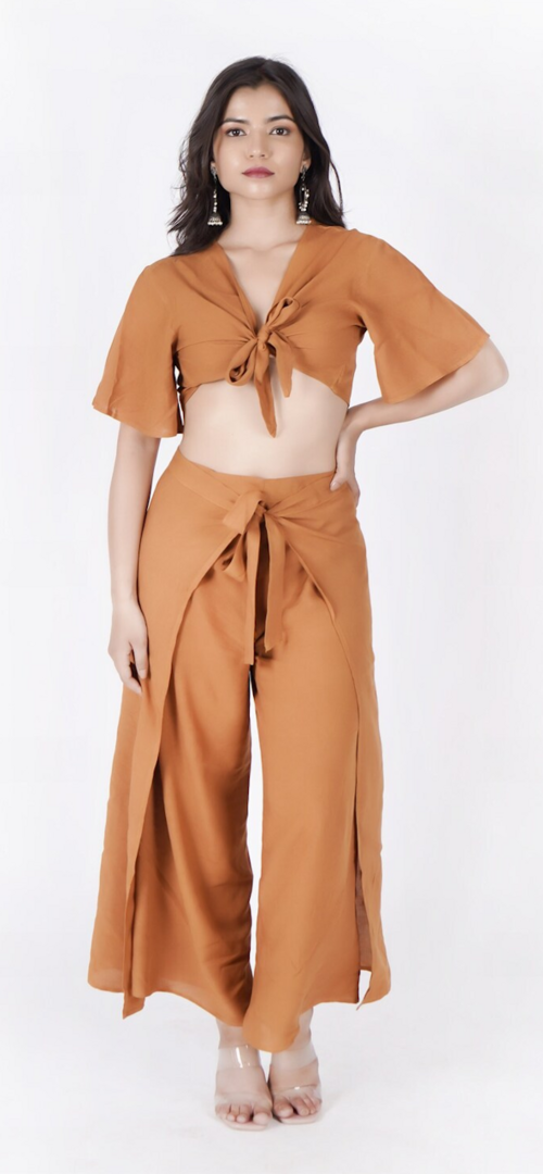 Women's Solid Summer Wrap Trouser & Blouse Set Dress (Color Brown)