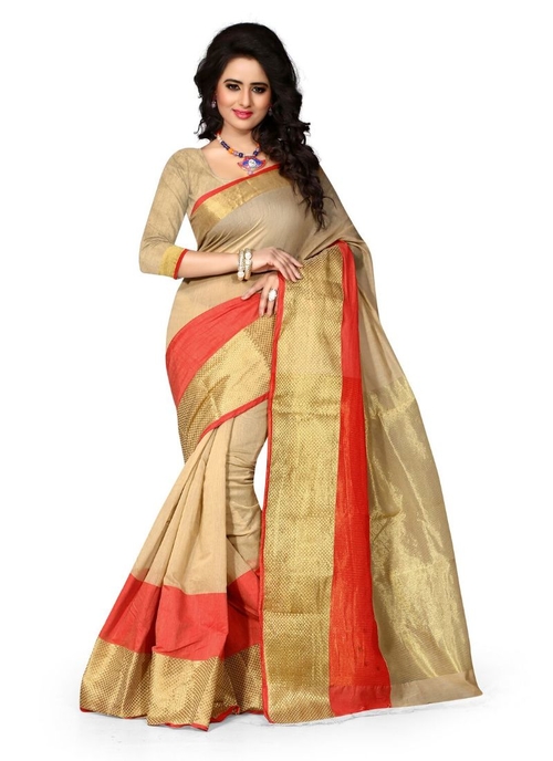 Generic Women's Cotton  Saree(Beige, 5.5-6 Mtr)