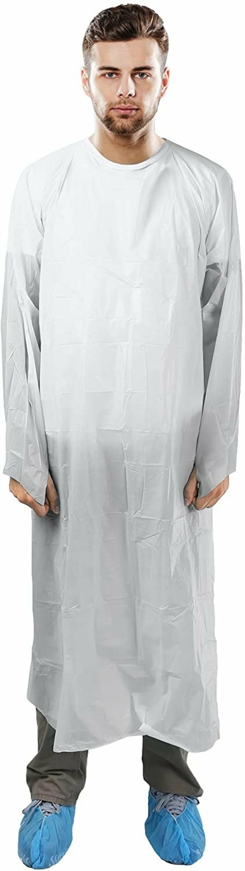 Disposable Gowns 45" Long. Pack of 10 White CPE Robes X-Large. 1.2 Mil