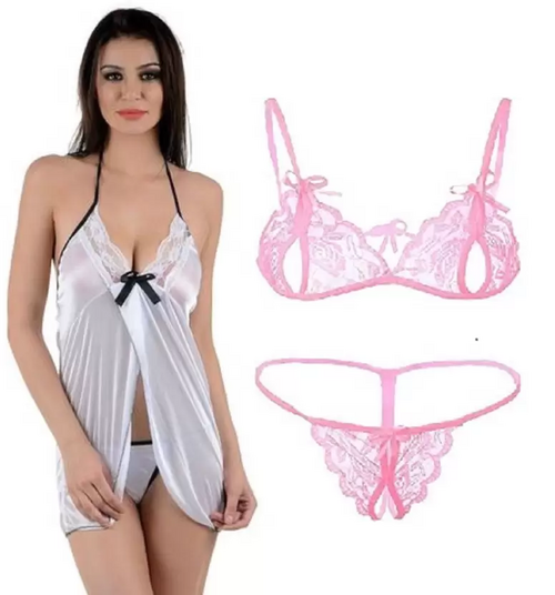 Women's Bra & Panty Set Self Design Silver, Pink Lingerie Set (Size