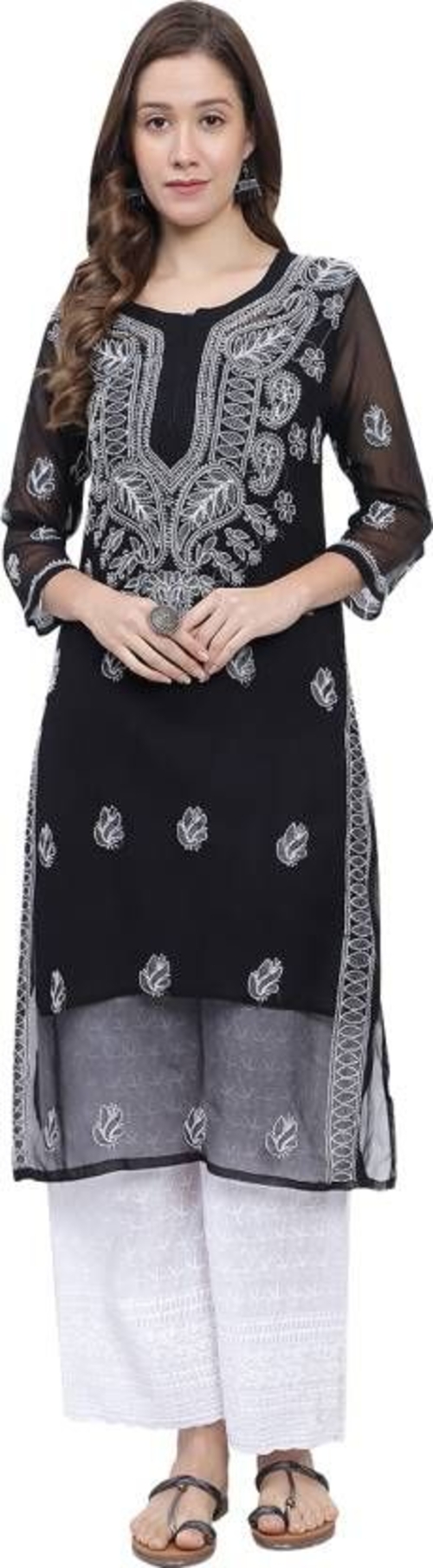 Women Chikan Embroidery Below knee length Georgette A-line Kurta