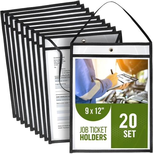 20 Pack Shop Ticket Holders with Hanging Strap 9x12 in   Dry Erase