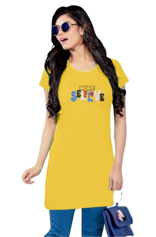 Women's Yellow Long Round Neck Tshirt with Two Size Cut Size M