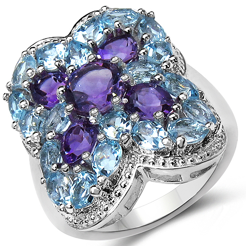 5.53 Carat Genuine Amethyst & Blue Topaz .925 Sterling Silver Ring