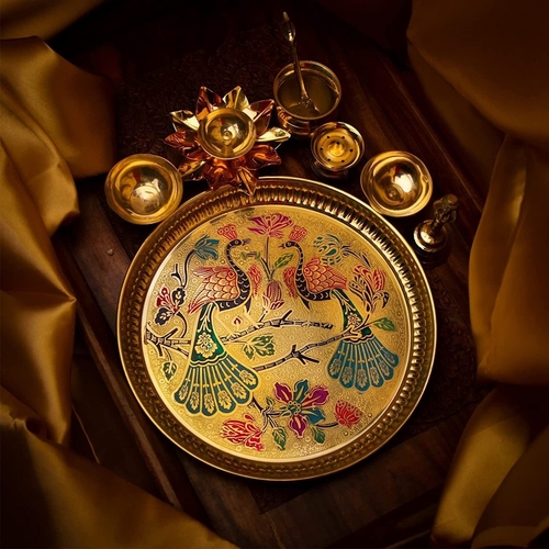 Premium Peacock Handcrafted Pooja Design Brass Pooja thali Set for