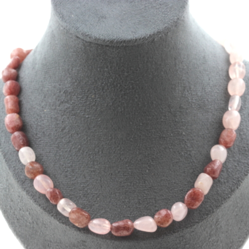 Rose Quartz + Ruby from Brazil beads necklace stainless steel chain