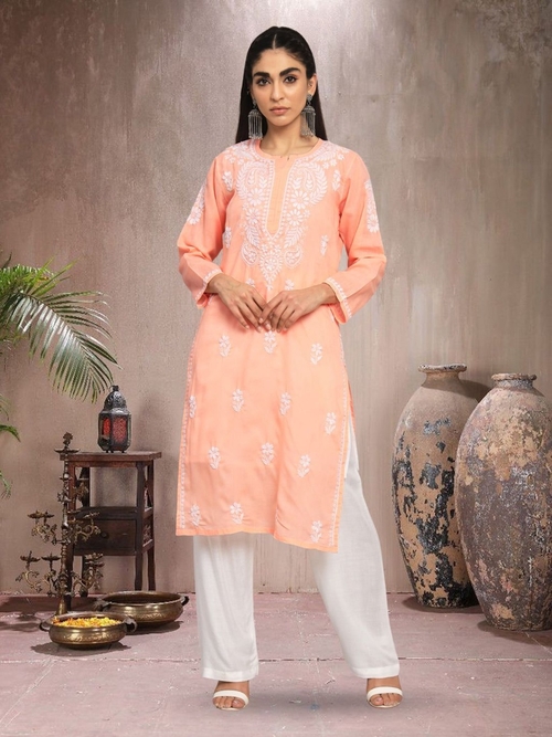 Hand Embroidered Chikankari Cotton Straight Kurta (Size-XL)