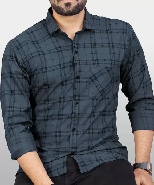 Men Regular Fit Checkered Spread Collar Casual Shirt Dark Blue (Size