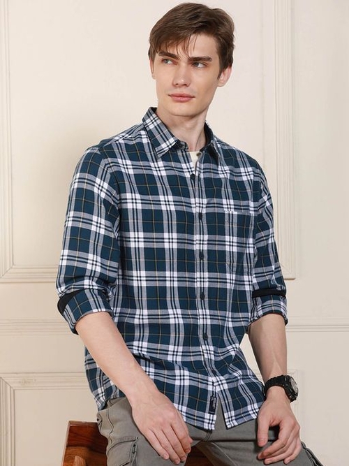 Checks Collar Cotton Regular Fit Casual Shirt (Size-L)(Color-NAVY