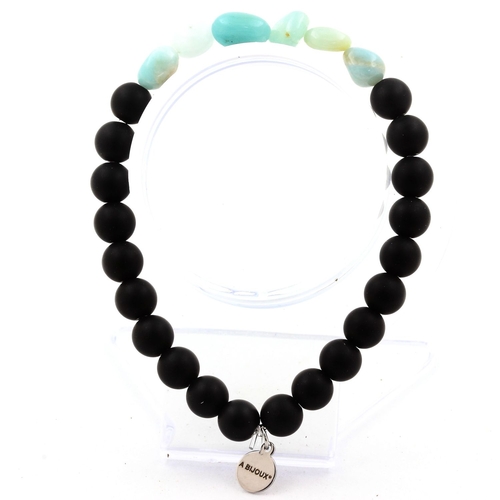 Amazonite from Brazil + Matte Black Onyx Bracelet 8 mm Beads.