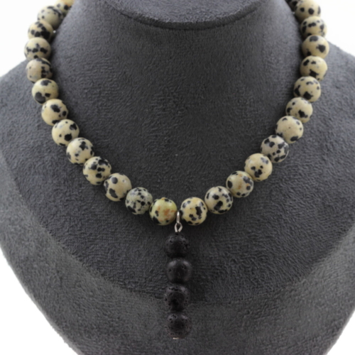 Necklace with Dalmatian Jasper beads 8 mm + 4 Lava beads 8 mm