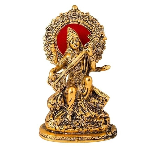 ARYADIT Gift Gold Plated Saraswati maa Metal Idol, Hindu Goddess