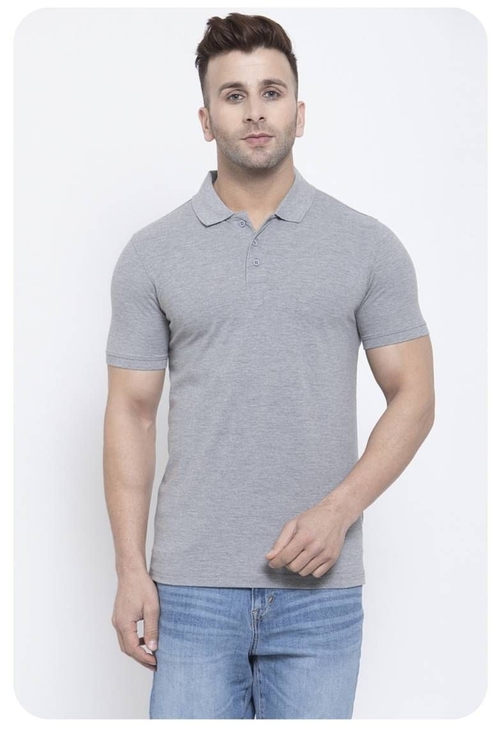 Men Solid Polo Neck Cotton Blend Black T-Shirt (Size-XL) (Color-GREY)