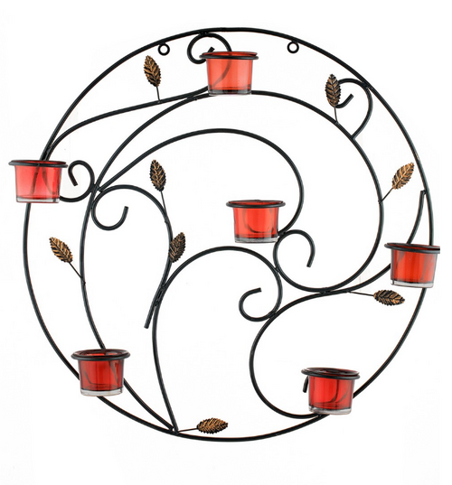 Red Round Leafy Touch Wall Tealight Holder with 6 Cups size - 47 x 9 x