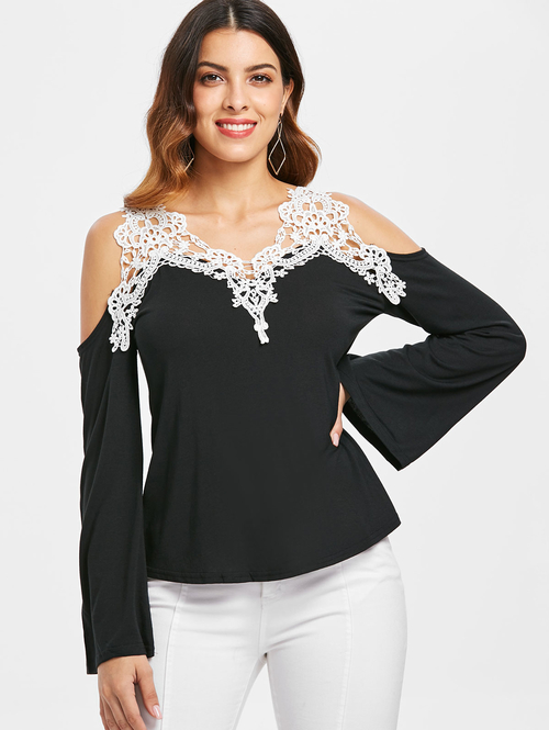  Crochet Trim Cold Shoulder Long Sleeve Top