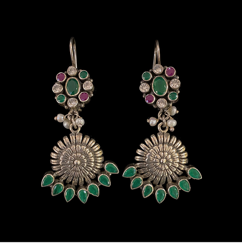 Silver Handcrafted Multi Color Stone Studed Hook with Hanging Flower