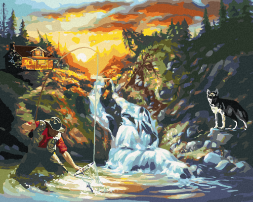 Zuty - Paint by Numbers - FISHING MAN, WATERFALL AND WOLF (D. RUSTY