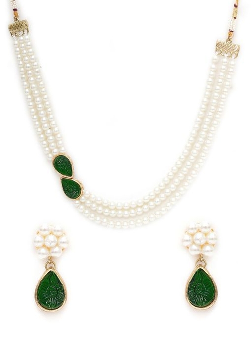 Green Stone Studded Pearl Kundan Necklace Set for Women