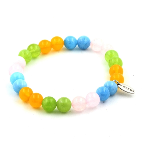 Blue Chalcedony + Pink Quartz + Peridot + Yellow Agate Bracelet 8 mm.