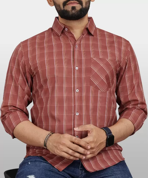 Men Regular Fit Checkered Spread Collar Casual Shirt Coral Pink (Size