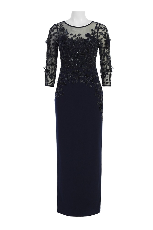 Adrianna Papell Crew Neck Embellished Long Sleeve Illusion Zipper