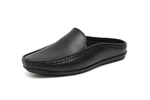 Men's Genuine Leather Back Open Loafers Shoes (Size-UK-7 (Color-BLACK)