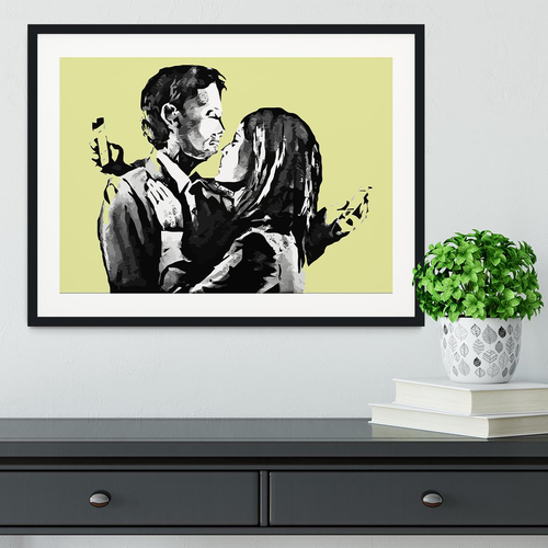 Banksy Mobile Lovers Yellow Framed Print