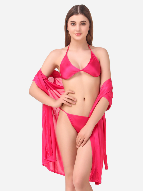 Romaisa Women's Satin Solid Pink Robe with Lingerie Set