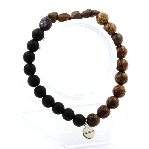 Boulder Opal + Matte Black Onyx + wood Bracelet 8 mm Beads.