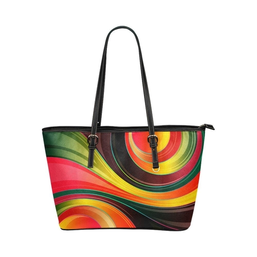 Large Leather Tote Shoulder Bag - Colorful Circular Swirl Illustration