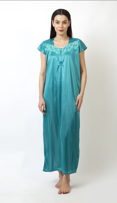 Women Round Neck Short Sleeves Satin Maxi Nighty Green(Size XL)