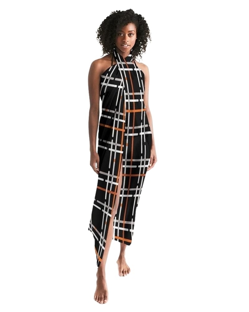 Sheer Sarong Swimsuit Cover Up Wrap / Black and Orange Plaid
