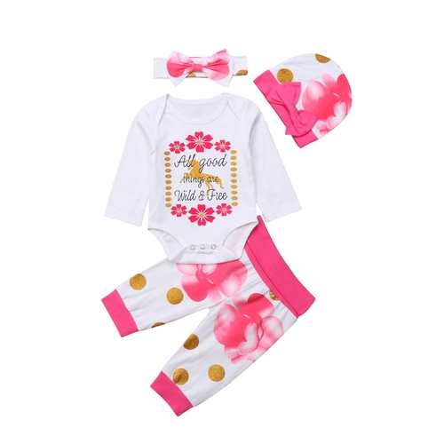 4PCS Newborn Baby Girl Autumn Sweet Clothes Long