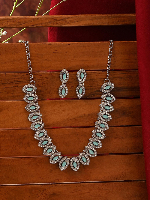 Aqua Blue Silver American Diamond Jewellery Set Women