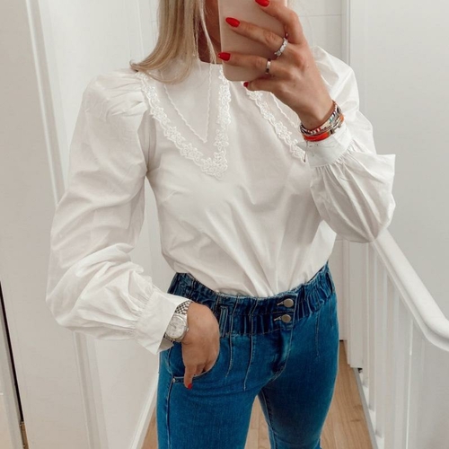 Elegant white autumn winter women blouse Office lady split doll collar