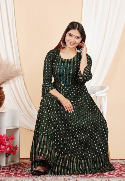 Cotton Rayon Stitched Flared/A-line Gown SIZE-3XL COLOR-GREEN