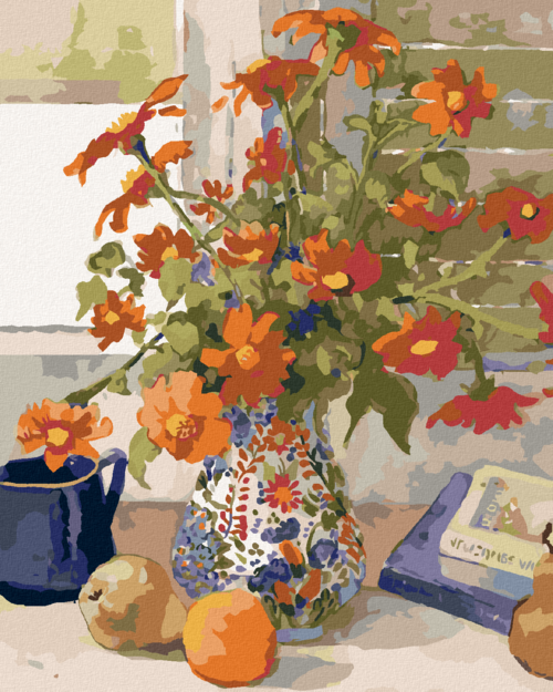 Zuty - Paint by Numbers â€“ RED FLOWERS IN A COLOURFUL VASE ON A