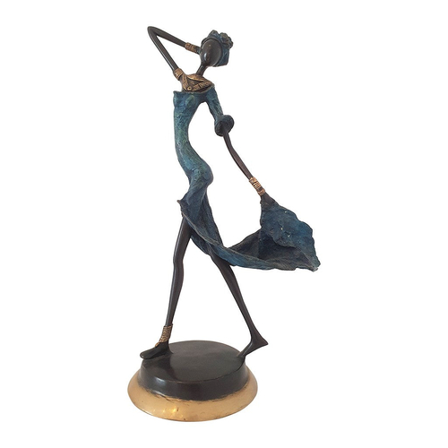 West African Vintage Lost Wax Bronze Statue of a Female Dancer in Blue