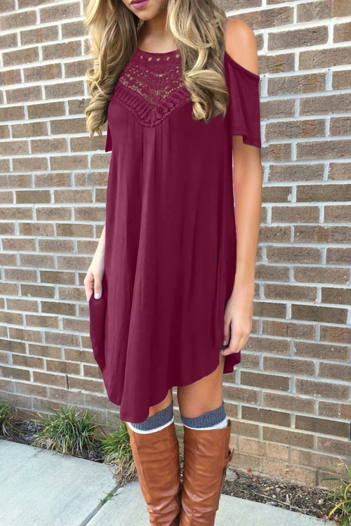 Red Lace Hollow-out Cold Shoulder Casual Dress