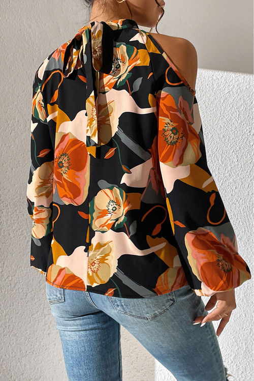 Black Floral Print Cold Shoulder Lantern Sleeve Blouse