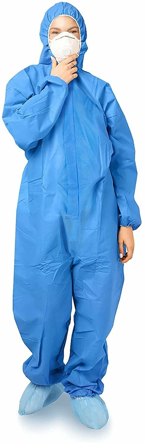 Pack of 25 Blue SMS Coveralls with Hood, Elastic Cuffs, Ankles, Waist,
