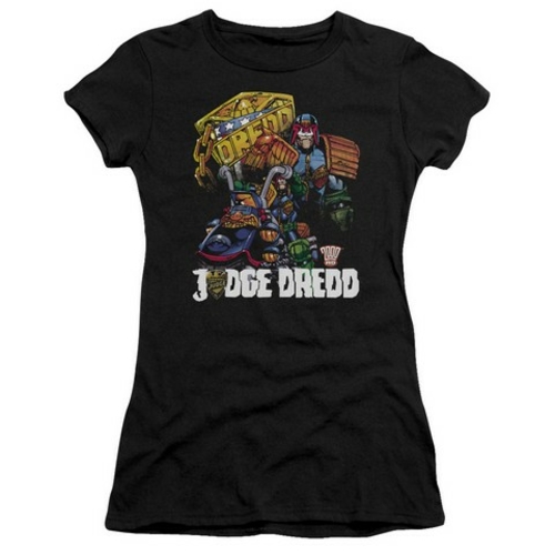 Trevco Judge Dredd-Bike And Badge Short Sleeve Junior Sheer Tee- Black
